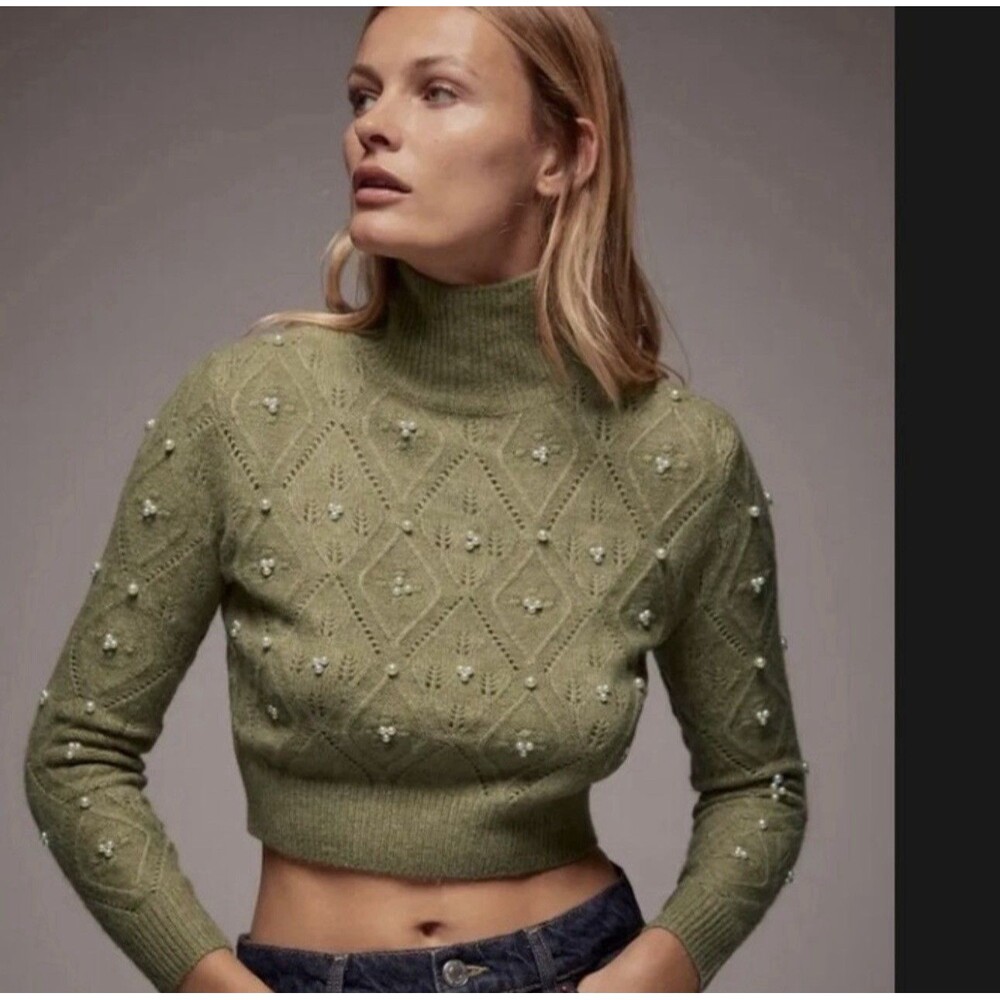 Zara Green Long Sleeve Cropped Turtleneck Faux Pearl Sweater Size Small